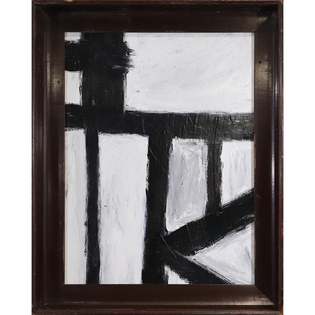 Style of FRANZ KLINE Modernism Abstract Black Lines: Style of FRANZ KLINE Modernism Abstract Black Lines on white. Oil on board painting. Deep wide vintage frame. Unsigned. Nice quality, strong image. size: 29x22 image, 35x28 outside frame