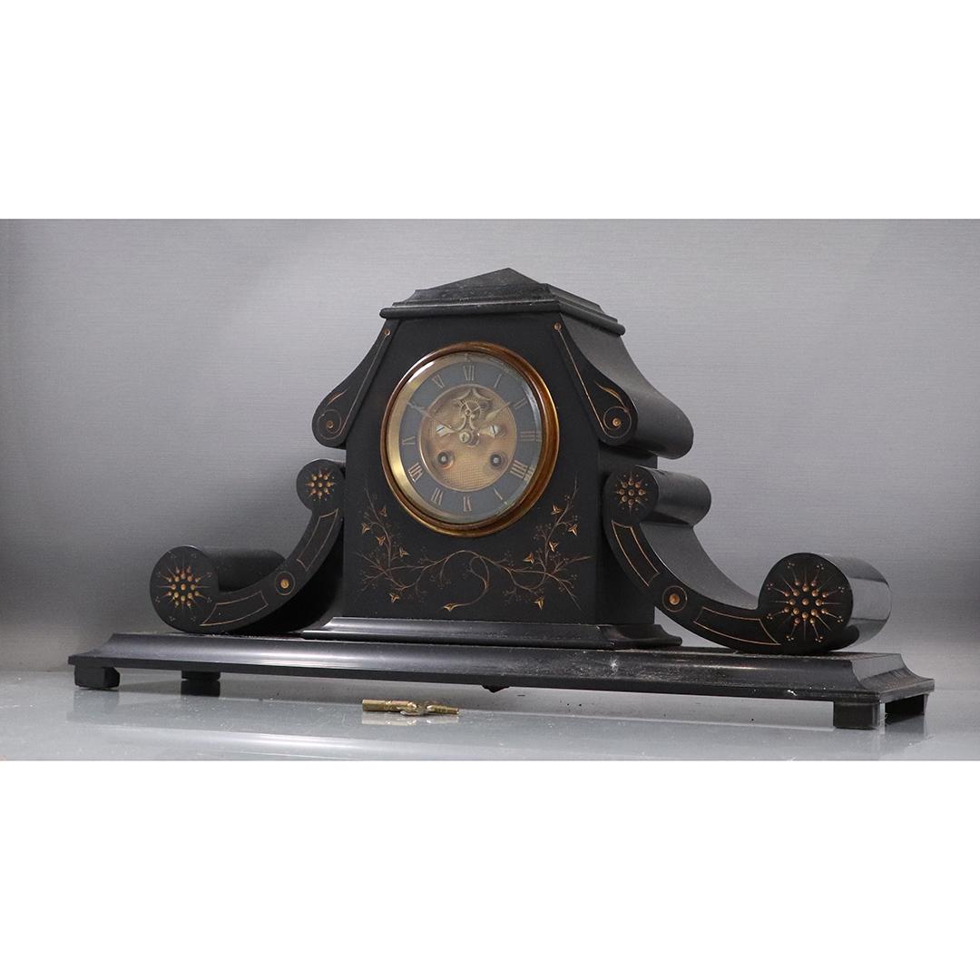 19th C. Edwardian Black Marble Mantle Clock Open Escape: 19th C. Edwardian Black Marble Mantle Clock Open Escapement dial. Original key. size: 11h x 21.75L x 6w