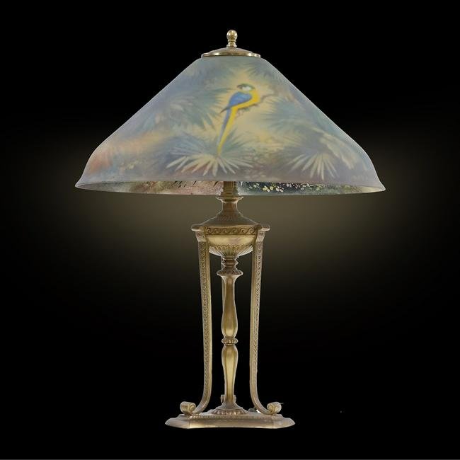 PAIRPOINT Jungle Bird Reverse Painted Shade Lamp Signed: PAIRPOINT Jungle Bird Reverse Painted Shade Lamp Signed on base, shade original not signed. Base has original patina finish. Shade is all good, no chips, no flaws. size: 22.5 in. height x 7 in. diamet