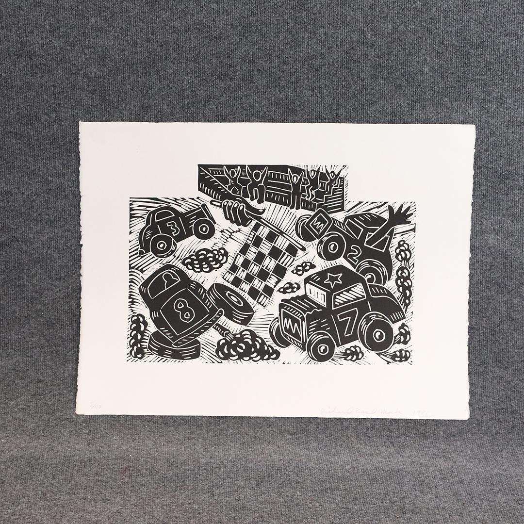 Richard Basil Mock 1986 #5/40 Linocut Lithograph Signed: Richard Basil Mock 1986 #5/40 Linocut Lithograph Signed and numbered in pencil. size: 13.5x19 image, 19.75x26 outside edge. Richard Mock was a printmaker, painter, sculptor, and editorial cartoonist. 