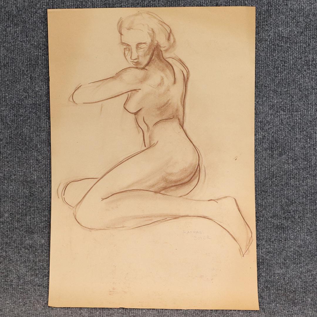 RAPHAEL SOYER 1899-1987, Nude Female Drawing Signed: RAPHAEL SOYER 1899-1987, Nude Female Drawing Signed. Sepia Graphite. Pencil Signed. size: 22.5x15