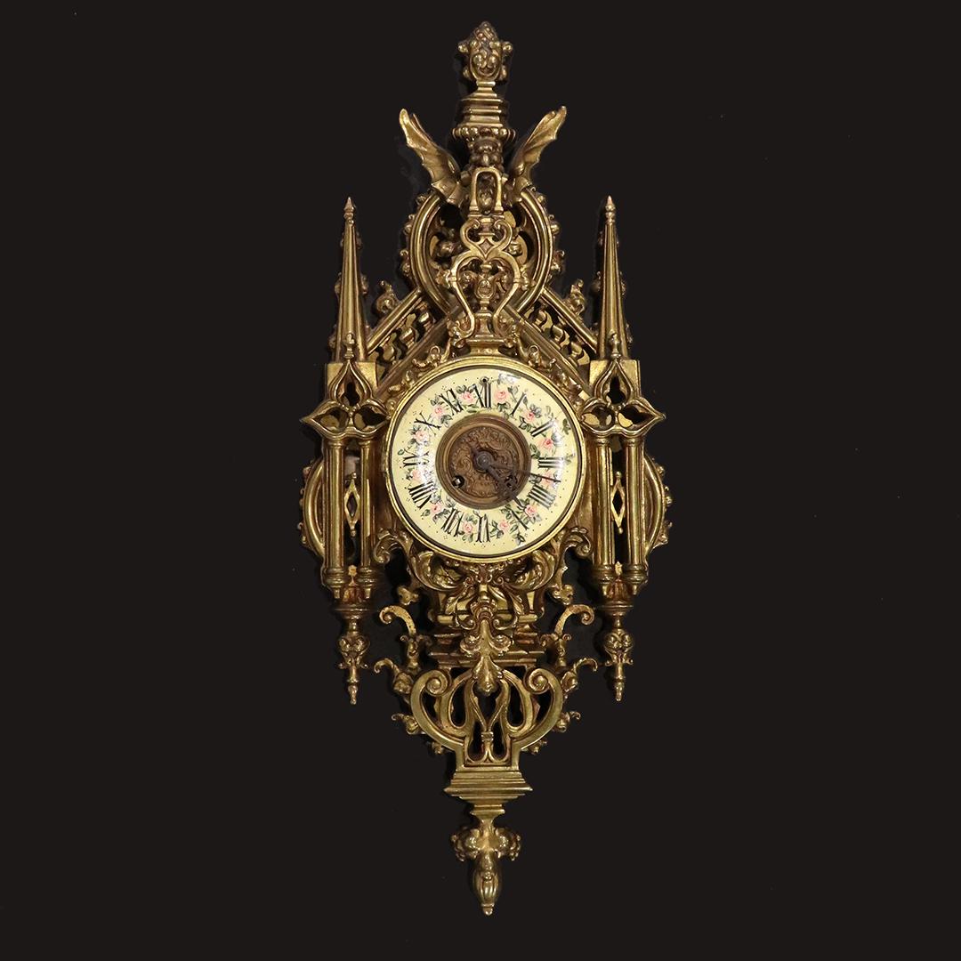 Vincent & Cie 1855 Bronze Gothic Cartel Wall Clock: Vincent & Cie 1855 Bronze Gothic Cartel Wall Clock. Good original patina finish. Marked : Vincenti & Cie 1855, Gothic Style. size: 26h x 11w x 4d
