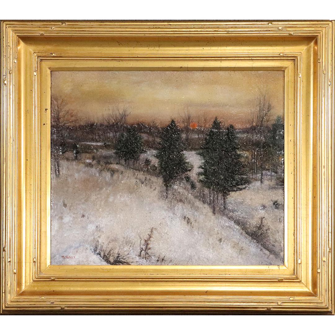 STEPHEN STELZ Pate De Verre Large "WINTER SUNSET 2014": STEPHEN STELZ Pate De Verre Large "WINTER SUNSET 2014". Fully signed with Studio Stamp on verso and Title. Quality gold framing. size: 20x24 image, 29.5x33.5 outside frame. Google: Stelz Studios, As a