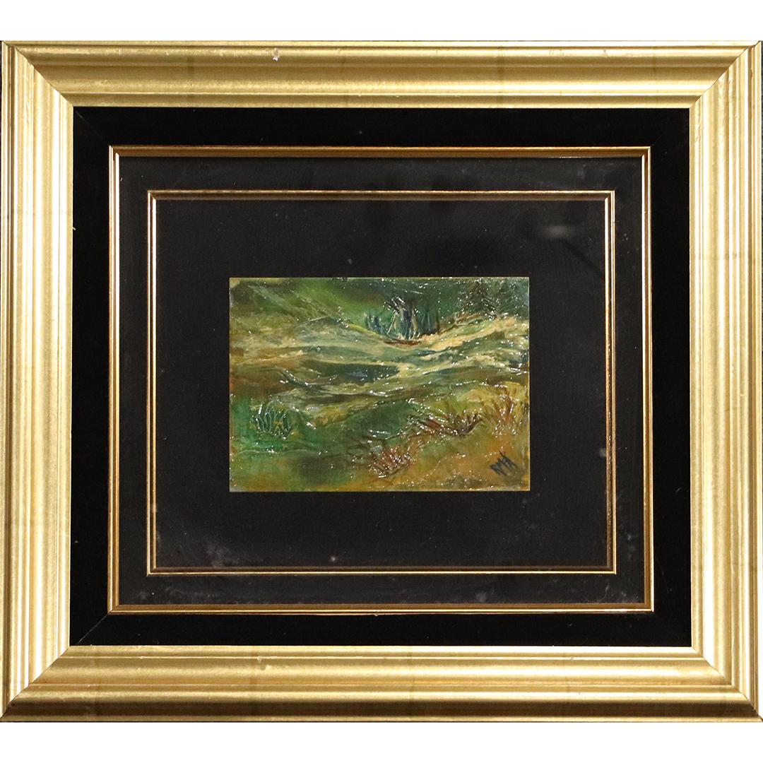 RUTH MCKEE 1929-2012, Pa Artist, O/b Coastal Dunes: RUTH MCKEE 1929-2012, Pa Artist, O/b Coastal Dunes. Signed: R McK ; oil on board painting, signed. size: 5x7 image, 16x17.75 outside frame
