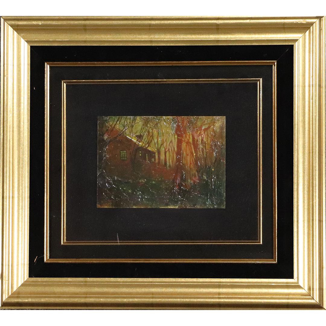 RUTH MCKEE 1929-2012, Pa Artist, Cabin in Forest O/b: RUTH MCKEE 1929-2012, Pa Artist, Cabin in Forest O/b. Oil on board painting. Nocturnal scene. Signd: R McK ; Framed. Vintage. size: 5x7 image, 16x17.75 outside frame
