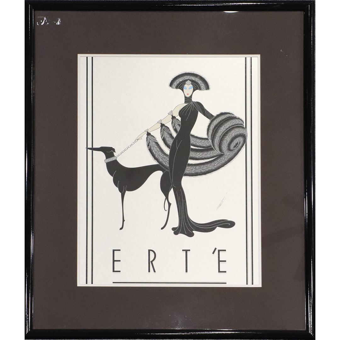 ERTE Serigraph, Art Deco Girl with Whippet , Framed: ERTE Serigraph, Art Deco Girl with Whippet , Framed. Black with Silver background. size: 26x20 image, 38x32 outside frame