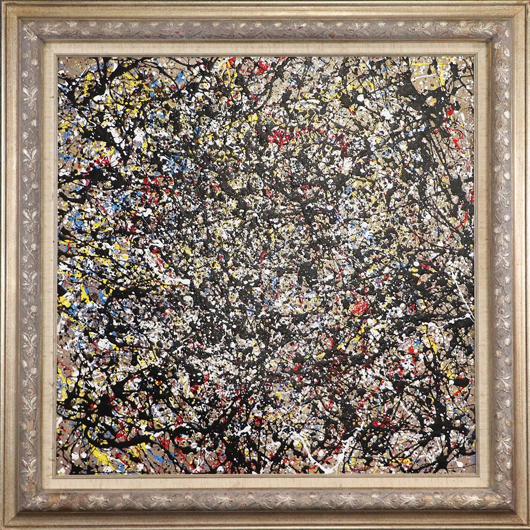 Pulgini after Jackson Pollock Mid-Century Drip Art O/b: Pulgini after Jackson Pollock Mid-Century Drip Art O/b. High quality Image. Oil on board. Signed on Verso. Framed. Popular Philadelphia area artist. size: 30x30 image, 37.25x37.25 outside frame