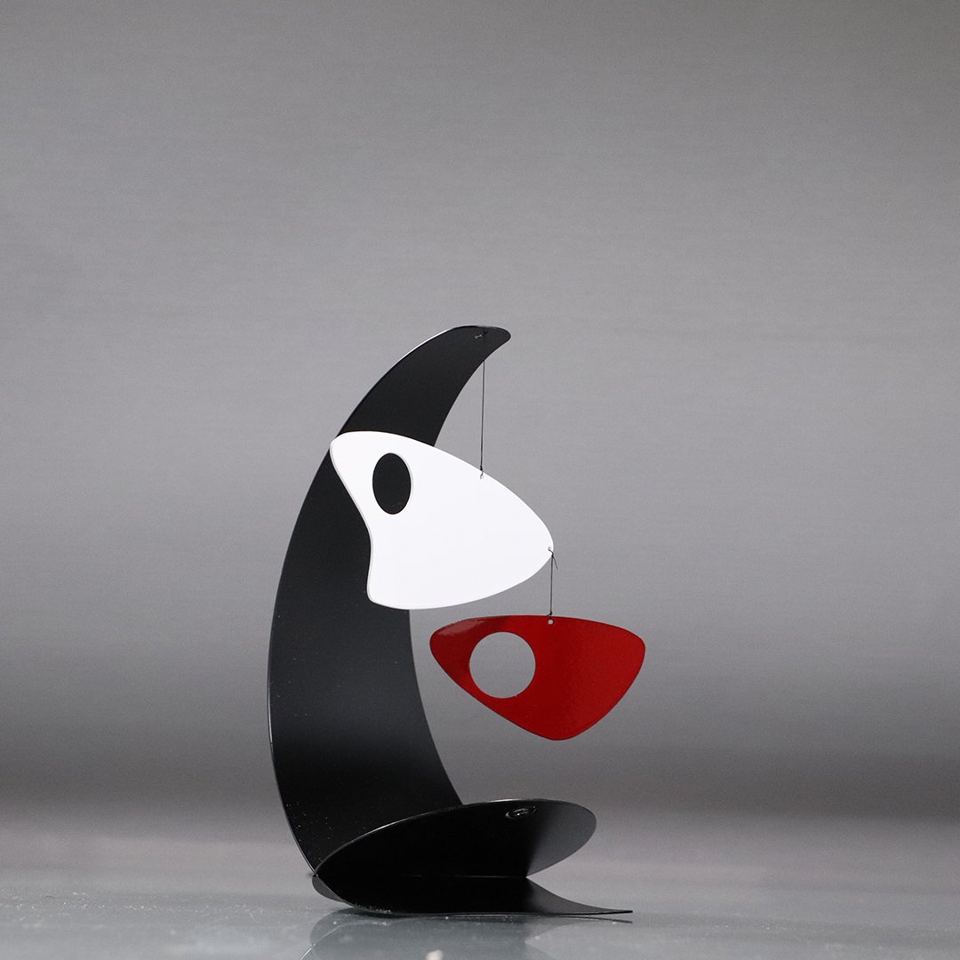 Modern Design Metal Arc Desk Mobile Black White Red: Modern Design Metal Arc Desk Mobile Black White Red. Signed with a monogram. size: 7.5h x 3.75w