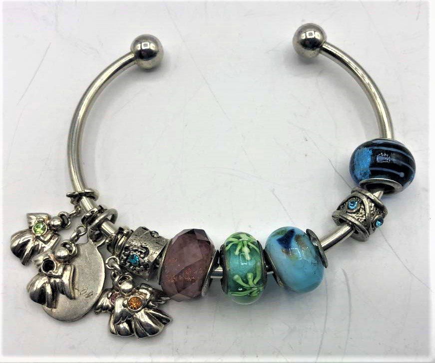 Cuff Bangle Bracelet with .925 Beads, .925 Charms: Cuff Bangle Bracelet with .925 Beads, .925 Charms and Murano glass beads. size 2.5 in. diameter