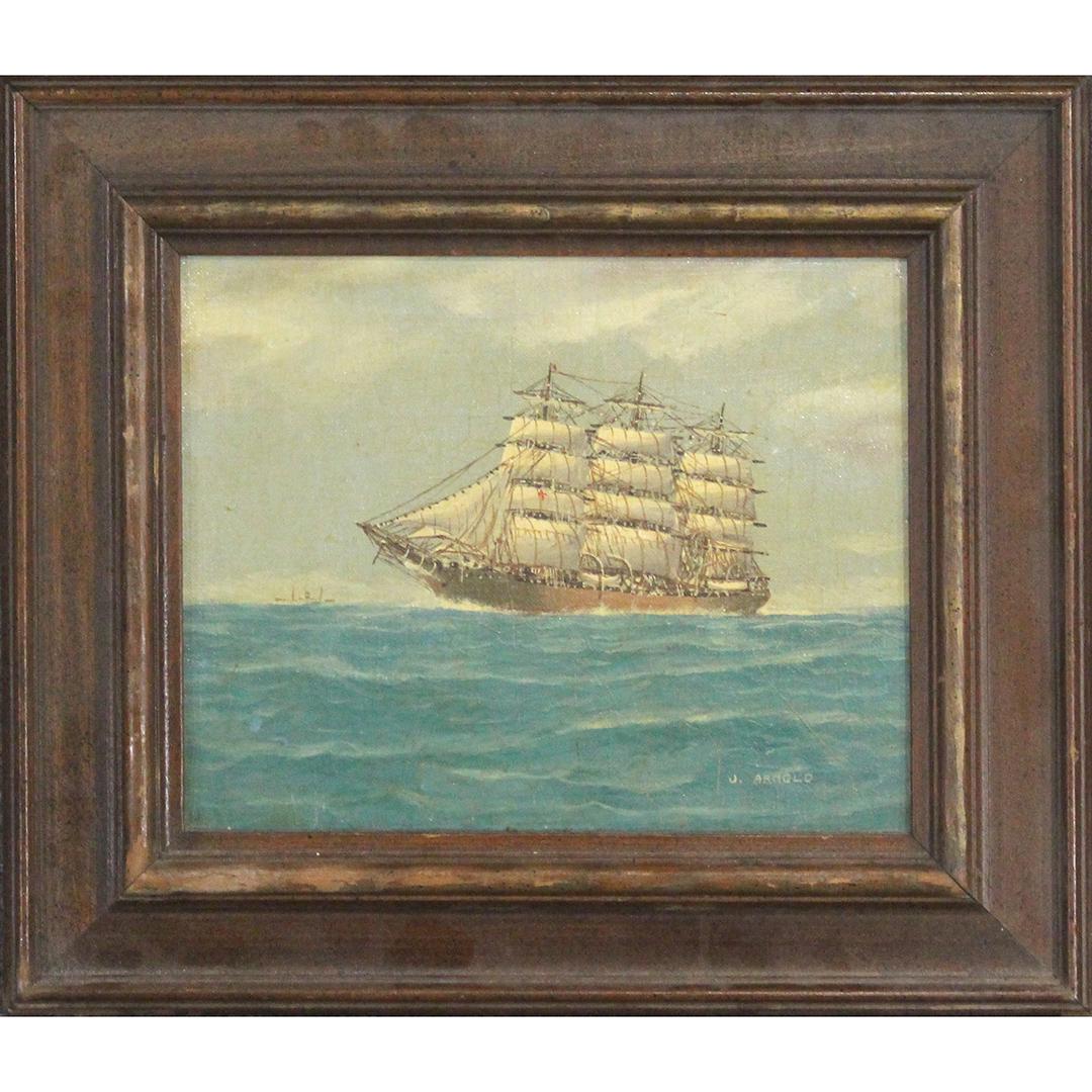 J Arnold, Vintage Oil/b Full Sail Clipper Ship on Seas: J Arnold, Vintage Oil/b Full Sail Clipper Ship on Seas. Oil on board painting. Signed. Framed. Size: 8 x 10, outside of frame: 12 X 14