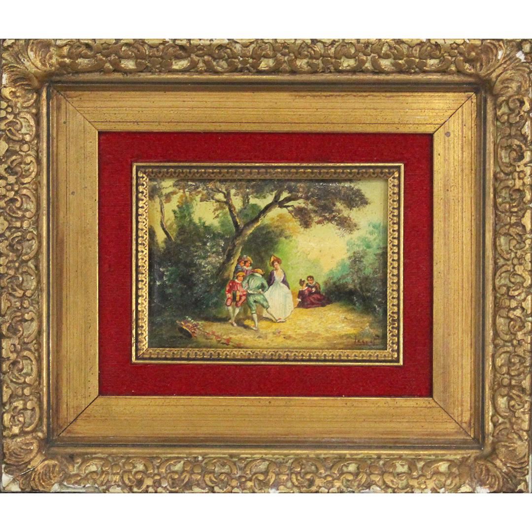 Lescot, Oil/b painting, Renaissance Courtship Dancers: Lescot, Oil/b painting, Renaissance Courtship Dancers. Framed. Size: 4 x 6, outside of frame: 11 x 12