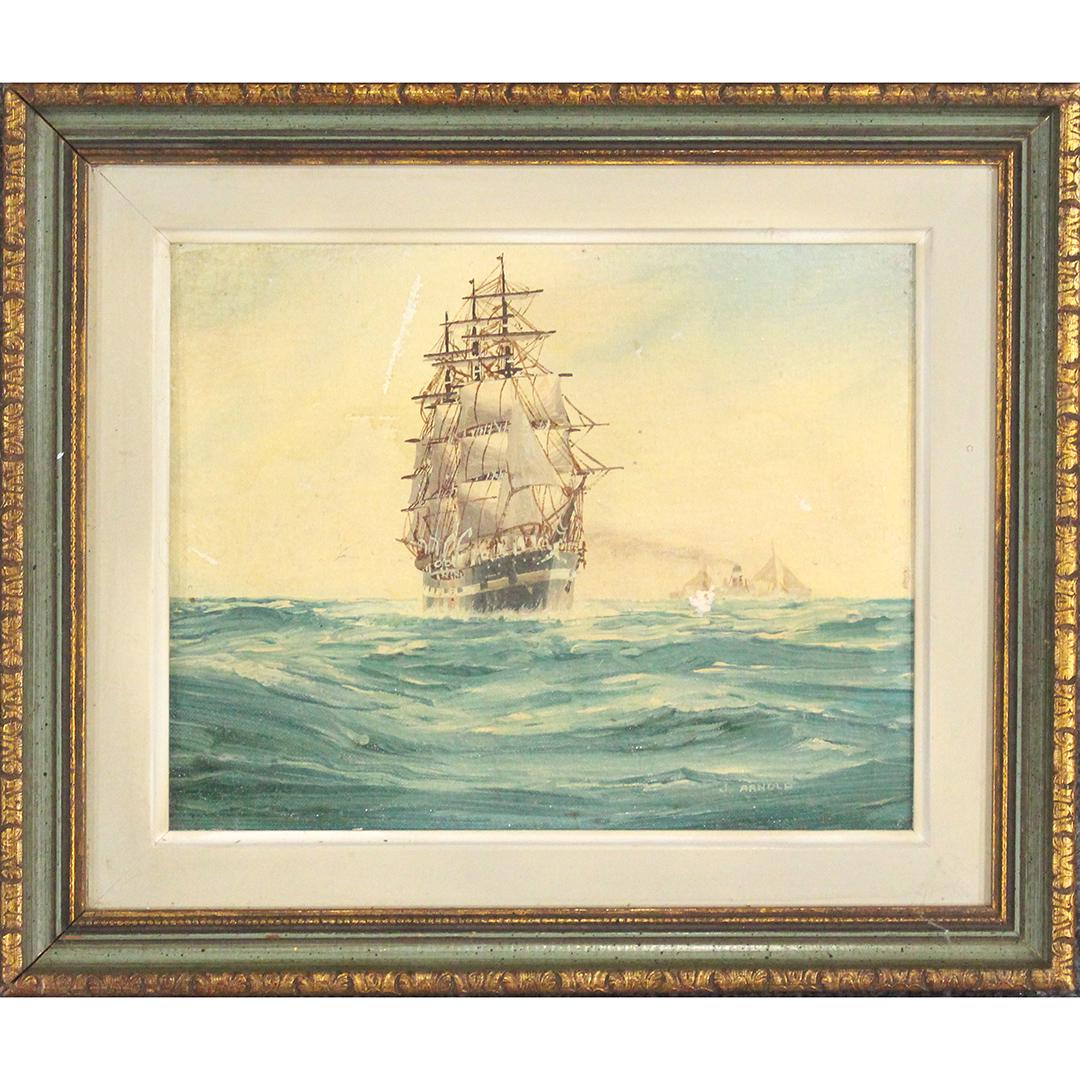 J Arnold, Vintage Oil/b Full Sail Clipper Ship on Seas: J Arnold, Vintage Oil/b Full Sail Clipper Ship on Seas. Oil on board painting. Signed. Original frame. Size: 8 x 10, outside of frame: 11 x 13