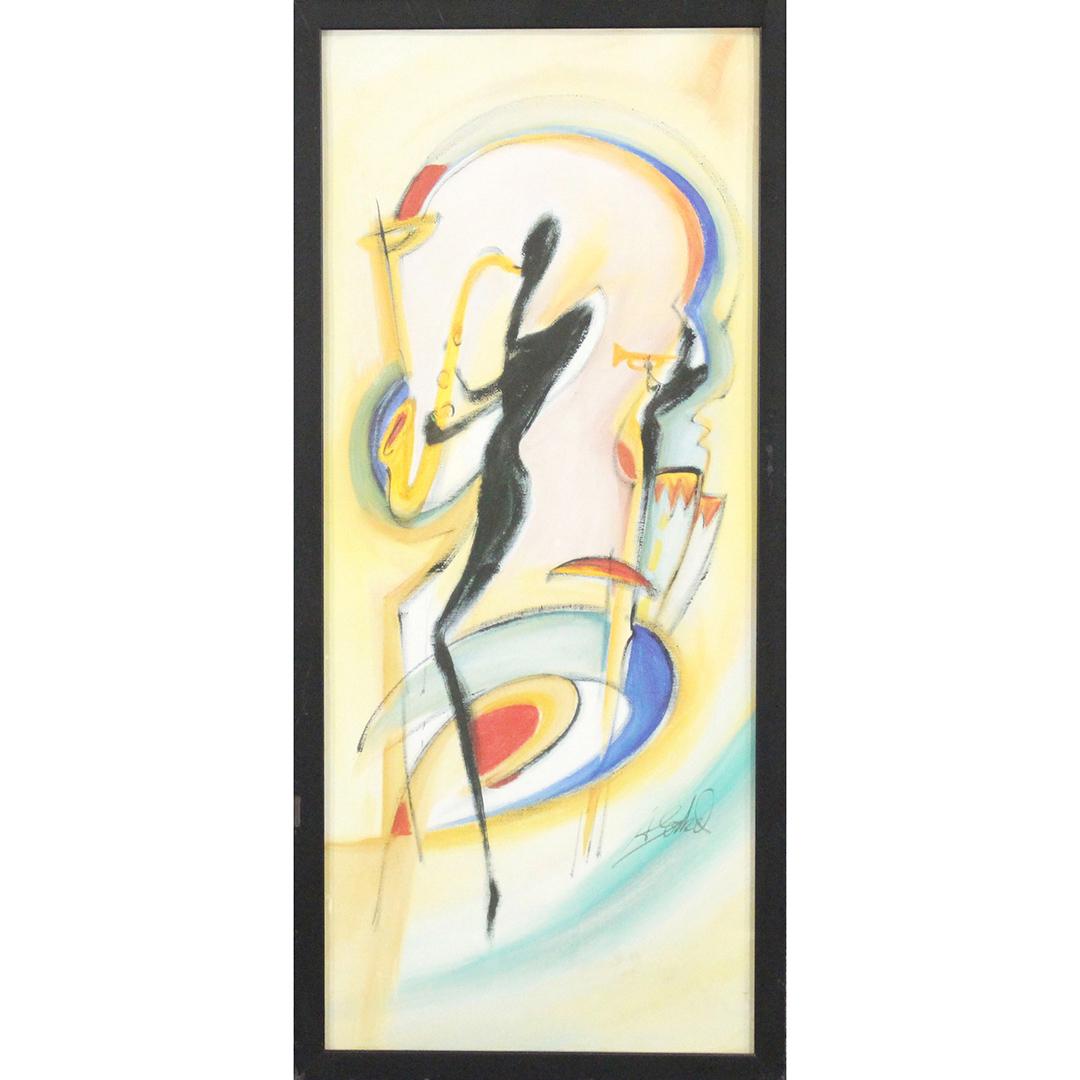 A Eckel, Modernism Print Saxophone Jazz Player: A Eckel, Modernism Print Saxophone Jazz Player. Colorful. Framed. Size: 27x11, outside of frame: 29x13