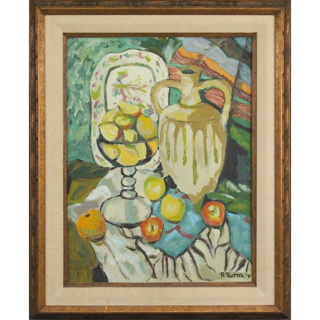 R Rutter 1971, Oil/c Modernism Table Top Still Life: R Rutter 1971, Oil/c Modernism Table Top Still Life, Bowl of lemons. Signed and dated. Oil on canvas painting. Original framing. Vintage. p> Size: 24x18 , outside of frame: 31x25