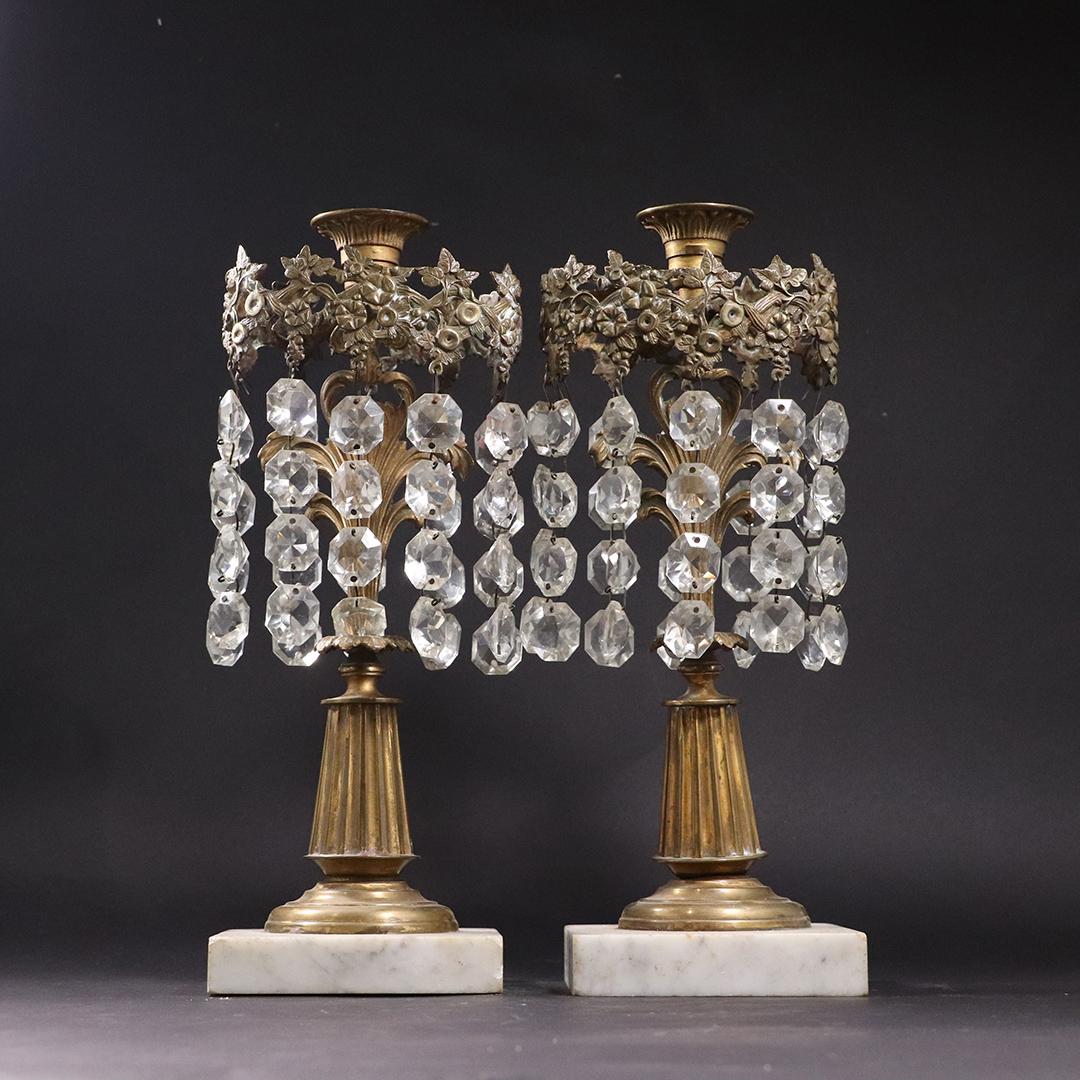 Pair Antique Brass Baroque Candlesticks Hanging Prisms: Pair Antique Brass Baroque Candlesticks Hanging Prisms, marble bases. 19th C. size: 12.5h x 4.5w
