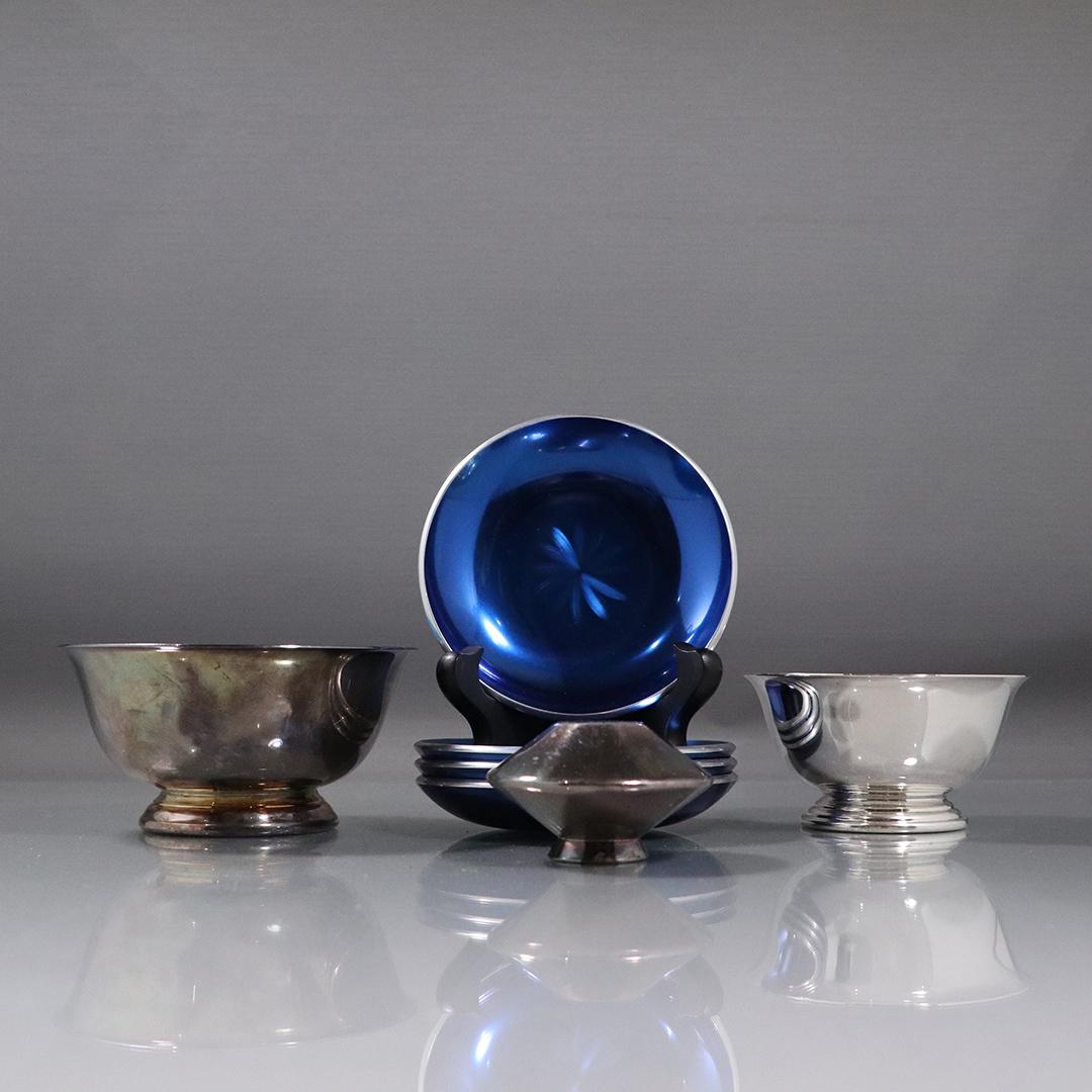 7 Assorted Mid-Century Silver Plate, Bowls Blue Enamel: 7 Assorted Mid-Century Silver Plate, Bowls Blue Enamel. size: (4x) 4dia coasters, 2.25hx4.5w bowl, 2hx3.5w bowl, 1.5hx2.5w shaker