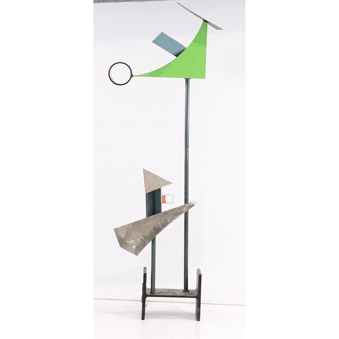 Quality Mid-Century Modern Tall Iron Metal Sculpture: Quality Mid-Century Modern Tall Iron Metal Sculpture. Geometric Abstract Design. Original paint accents. size: 54h x 19w