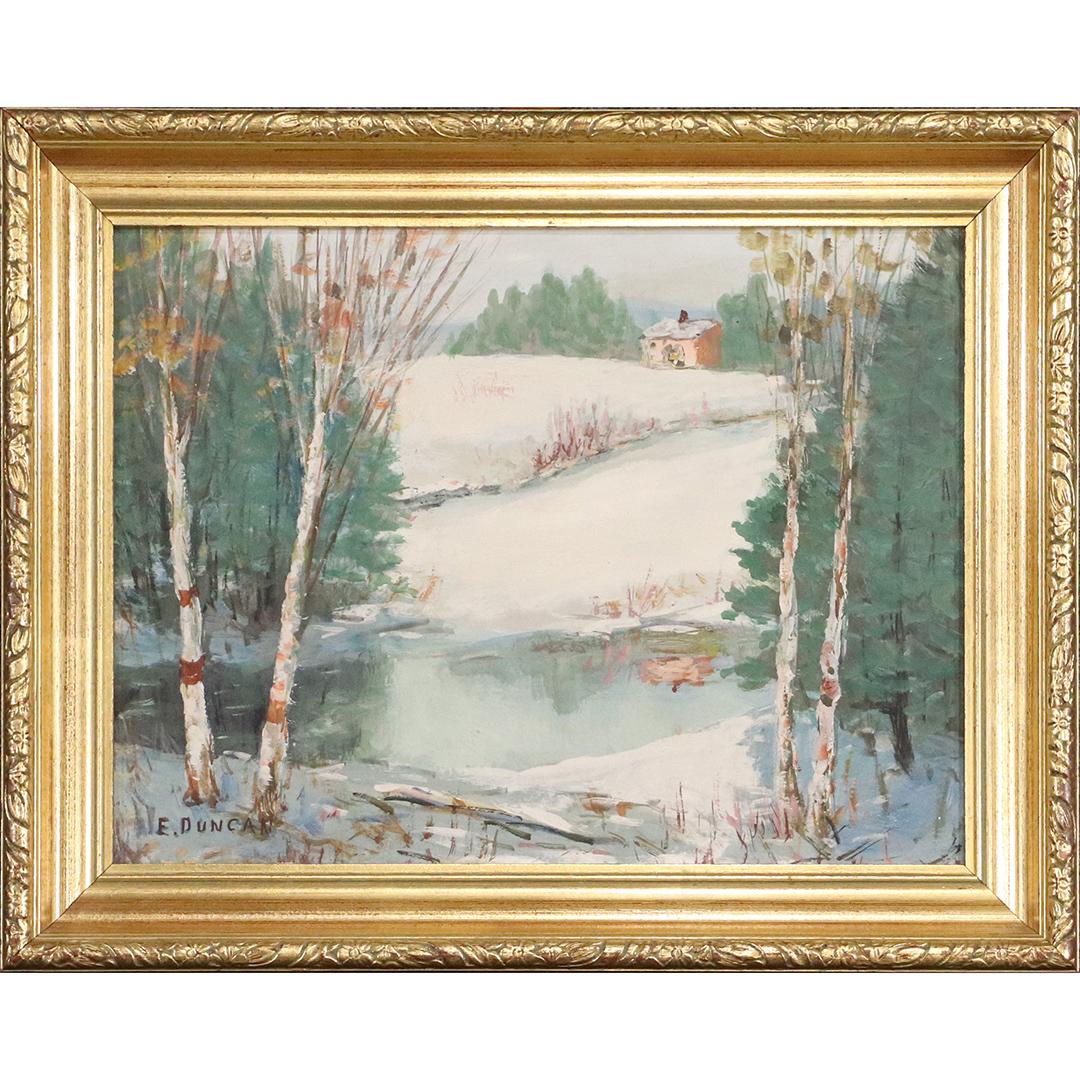 E Duncan, 1950s Oil/b Winter Thaw Birch Trees Stream: E Duncan, 1950s Oil/b Winter Thaw Birch Trees Stream. Oil on board painting, Signed, Original framing. Vintage. size: 12x16 image, 15.5x19.5 outside frame