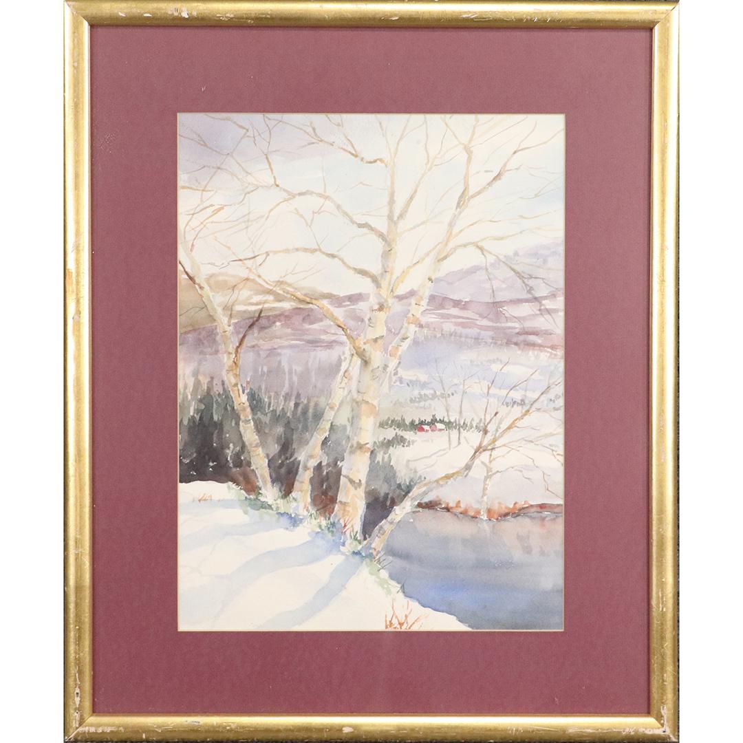 Vintage Watercolor Winter Landscape Birch Trees: Vintage Watercolor Winter Landscape Birch Trees. Framed. size: 14.25x10.5 image, 20.5x16.5 outside frame