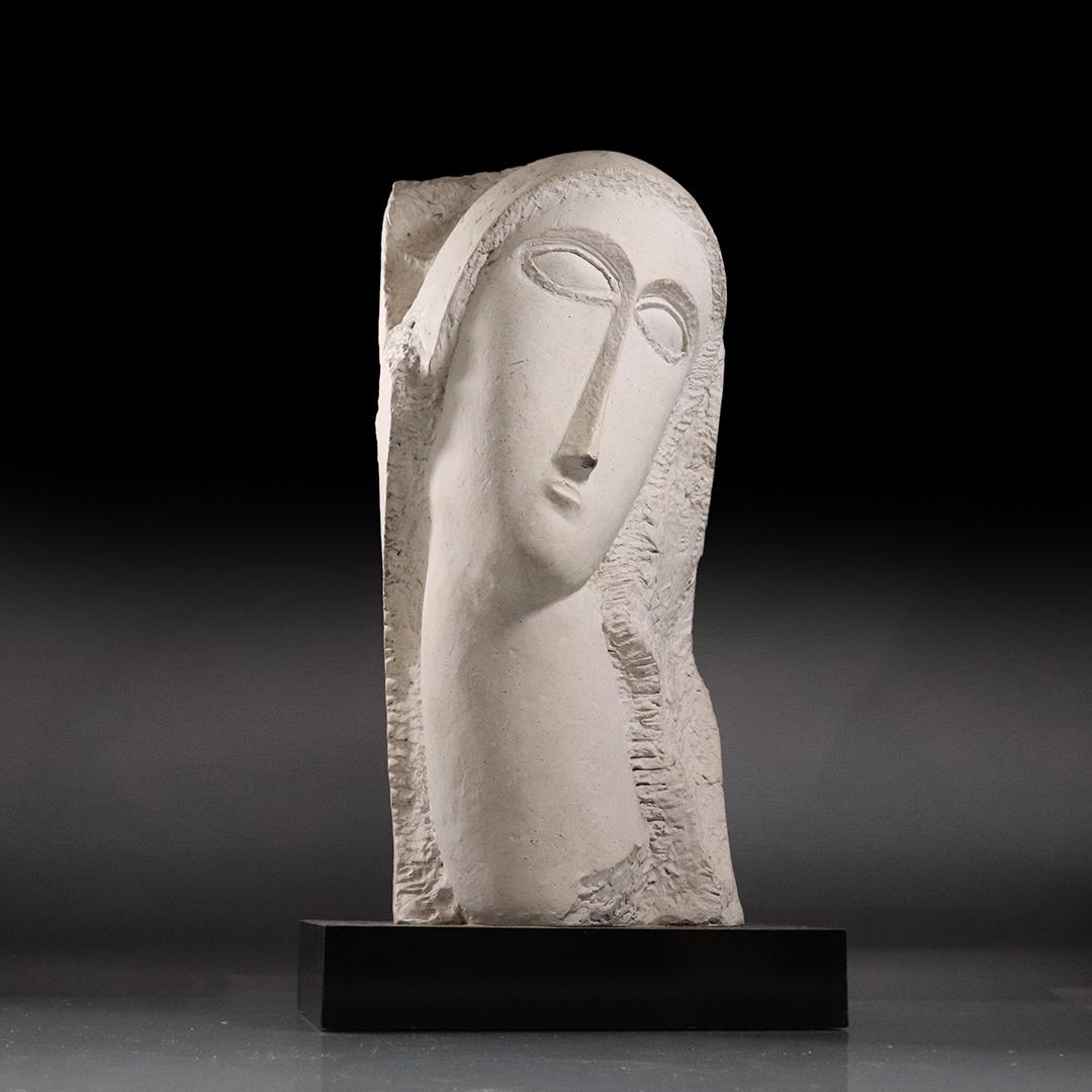 Signed Fisher after Modigliani, Elongated Woman Bust: Signed Fisher after Modigliani, Elongated Woman Bust in hard plaster composition. Stamped: Austin Prod. Mounted on a wood base. Vintage. Mid-Century modern. size: 19.75h x 11L x 7w