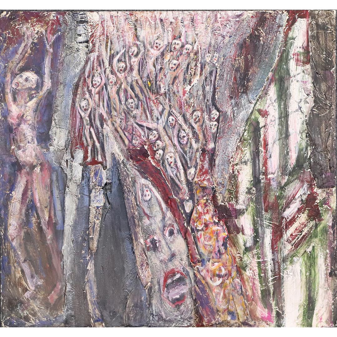 S. Stangren, Surrealism Oil/B Many Figures in Jungle: S. Stangren, Surrealism Oil/B Many Figures in Jungle. Oil on board painting. Signed on verso. size: 30x32