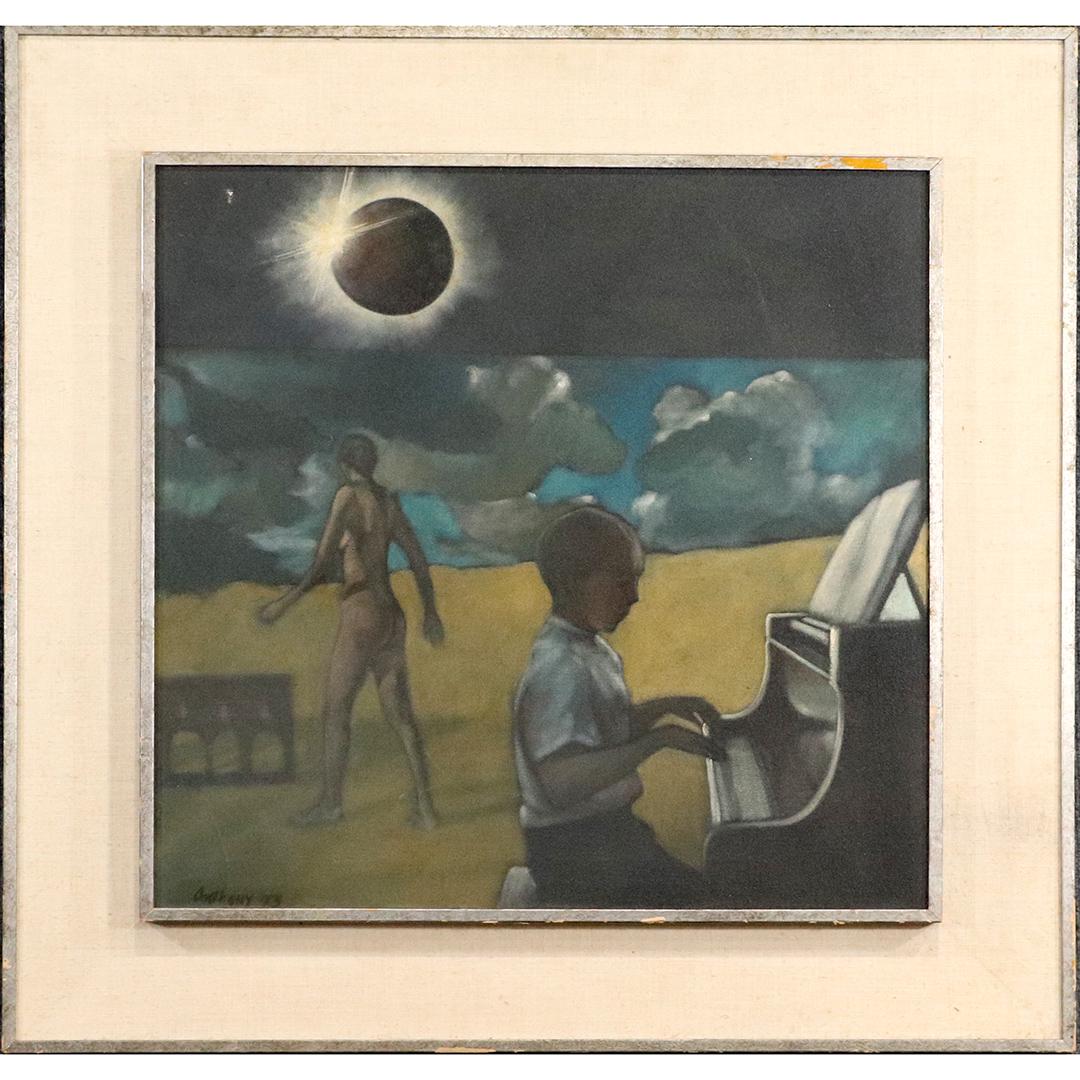 Anthony 1973, Oil/c Surrealism Lunar Eclipse, Piano: Anthony 1973, Oil/c Surrealism Lunar Eclipse, Piano player, Man walking. Oil on canvas painting, Signed and dated, Framed. Nice quality painting. size: 22x22.25 image, 30.5x31 outside frame