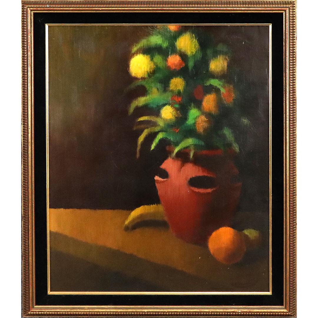 Ron Dembosky, Oil/b Still Life Flowers In Clay Pot, COA: Ron Dembosky, Oil/b Still Life Flowers In Clay Pot, COA on verso. Oil on board painting, Signed, Original framing, Labels on verso. size: 28x22 image, 32.5x26.5 outside frame. ASKart: Ron Dembosky (19