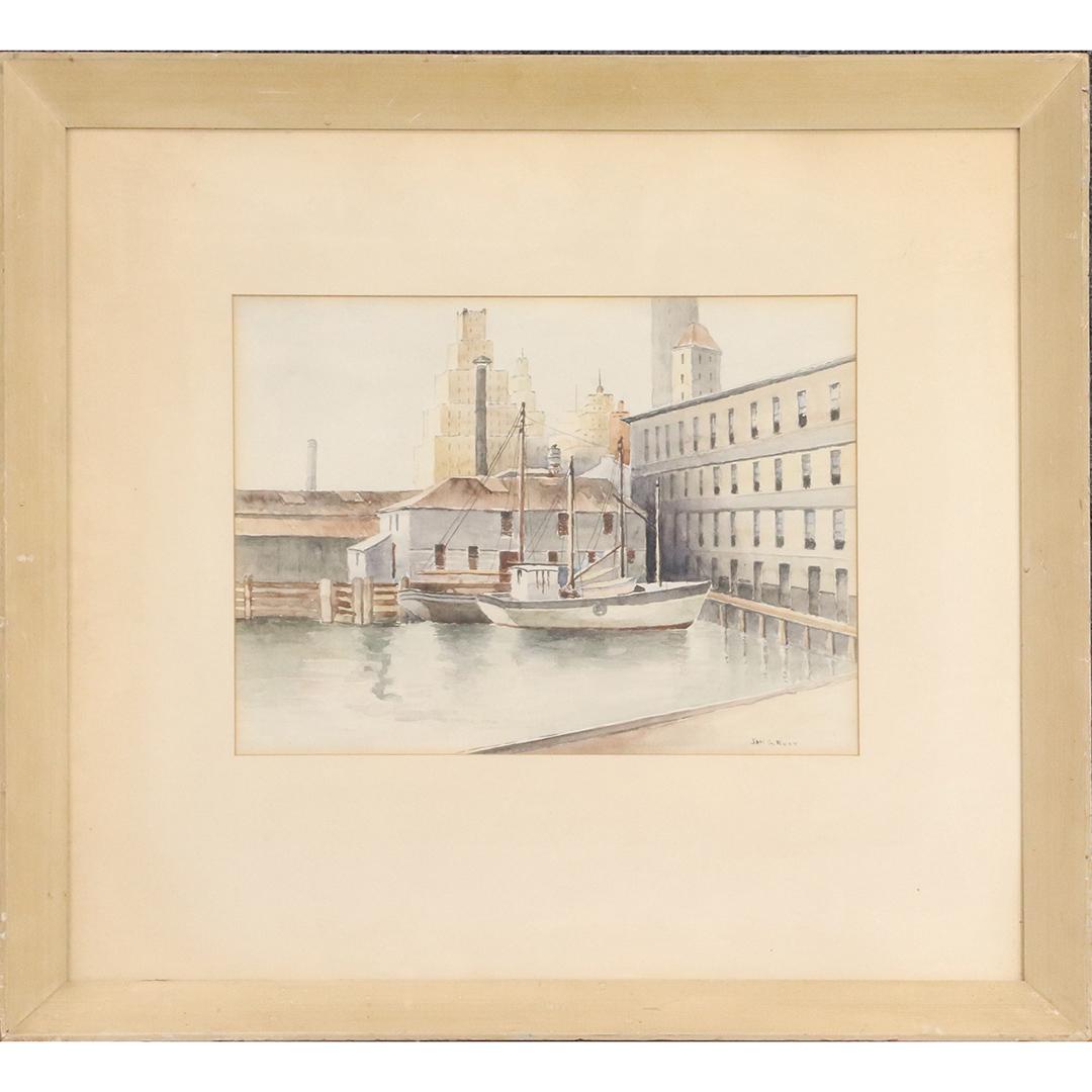Sam G Rust, Watercolor, Boats in Industrial Canal: Sam G Rust, Watercolor, Boats in Industrial Canal. Signed, Well listed American Artist. Watercolor Painting, Framed. size: 10.5x14.5 image, 22.5x25 outside frame. ASKart: Sam G Rust (mid 20th century)