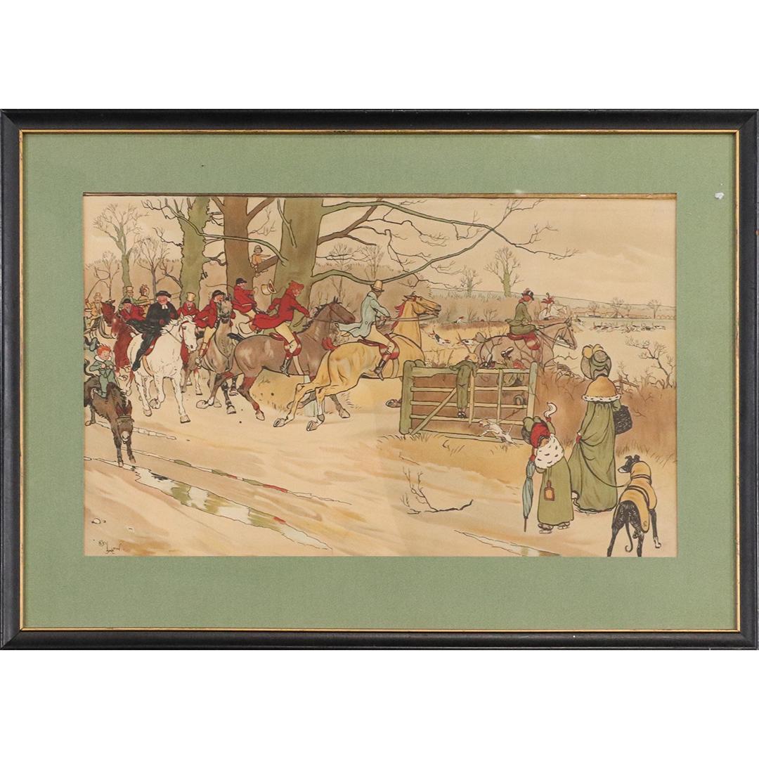 Cecil Aldin, Hunt Scene Vintage Color Lithograph Framed: Cecil Aldin, Hunt Scene Vintage Color Lithograph Framed. size: 14.5x24 image, 21.5x30.5 outside frame