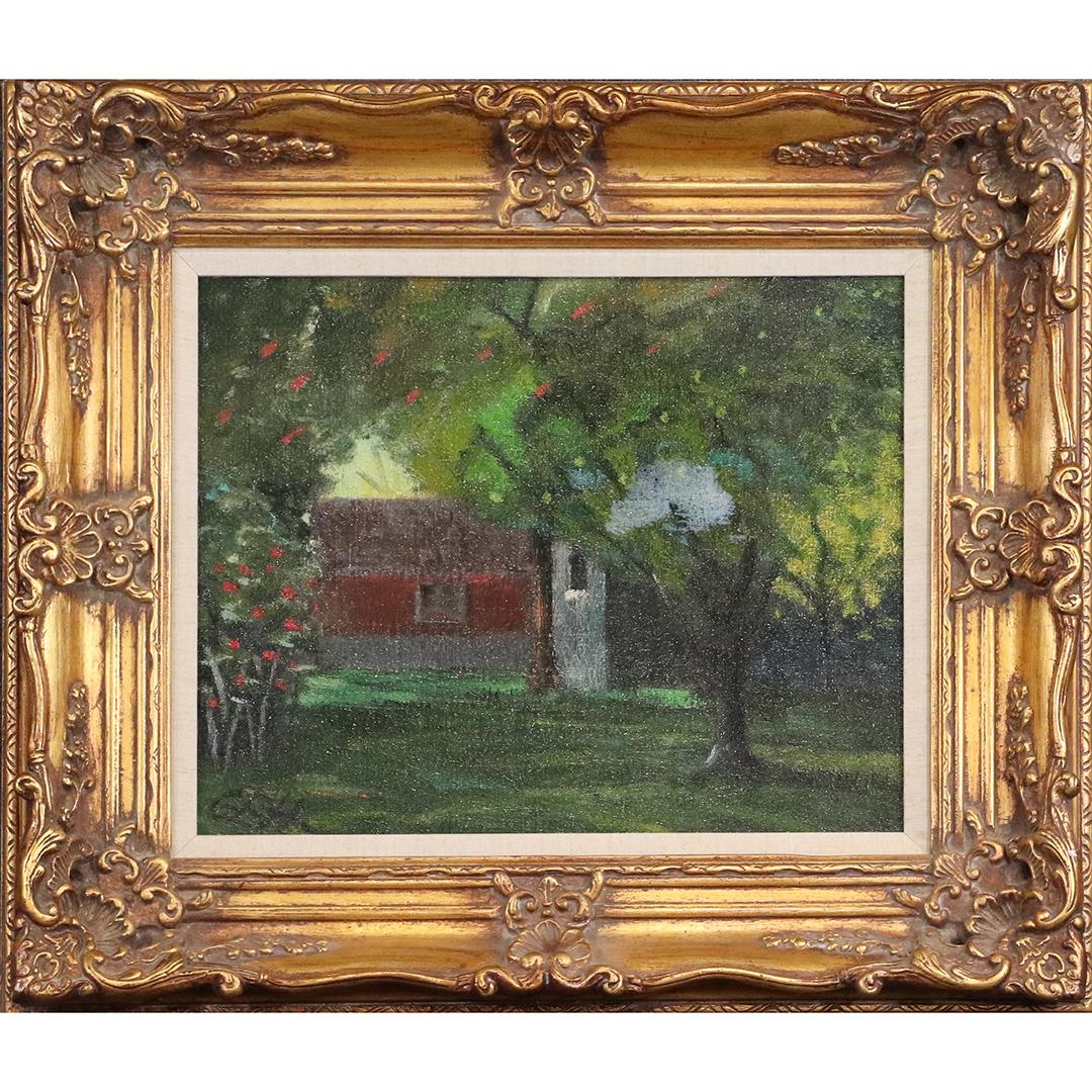 Gregory El Harvey, Oil/c, Titled "Green Arch" Signed: Gregory El Harvey, Oil/c, Titled "Green Arch" Signed: GEH; Artist label on verso with full name, date and title. Oil on canvas painting. Gold framing. Landscape of arched trees with red building in ba