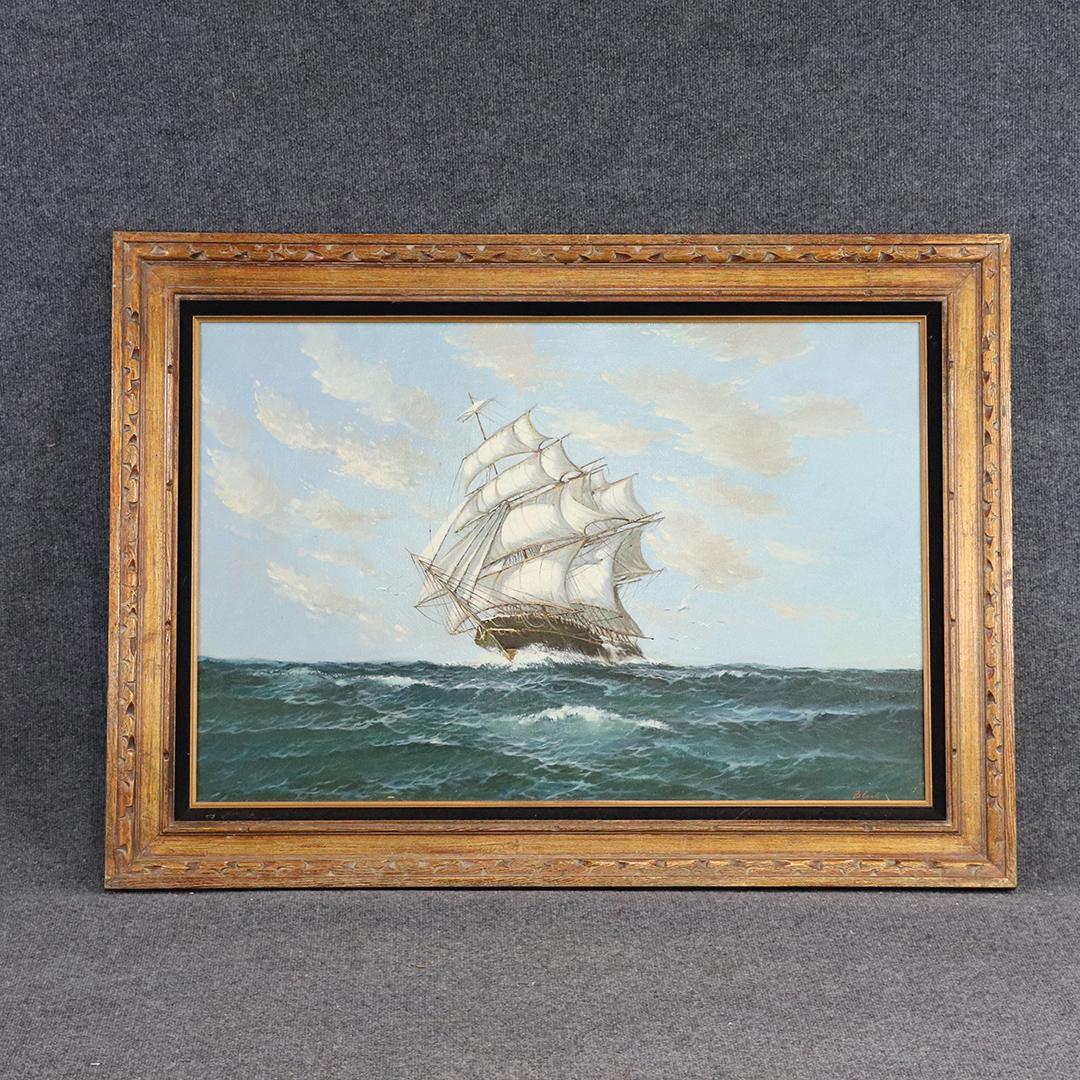 Black, Fine Quality 20th C Oil Painting Full Sail Ship: Black, Fine Quality 20th C Oil Painting Full Sail Ship on seas. Signed: Black. Oil on canvas painting. Original framing. size: 24x36 image, 32x44 outside frame