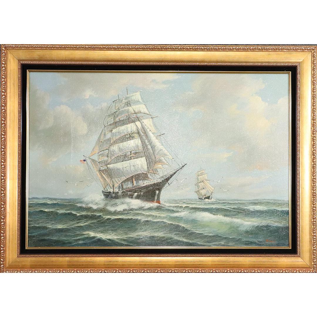 Black, Fine Quality 20th C Oil Painting Full Sail Ship: Black, Fine Quality 20th C Oil Painting Full Sail Ship on seas. Oil on canvas painting. Signed. Original framing. size: 24x36 image, 31x43 outside frame