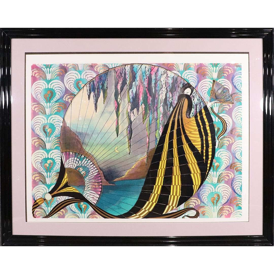 JDFbos, Lithograph Art Deco Girl with Fan, #161/199: JDFbos, Lithograph Art Deco Girl with Fan, #161/199. Pencil signed and numbered. Colorful. Framed. Original framing. size: 29.5x39.5 image, 41.5x51.5 outside frame