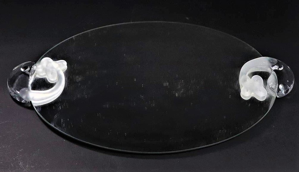 Oval Mirror Dresser Tray with Satin Glass Handles: Oval Glass Mirror Dresser Tray with Satin Glass Handles. size: 20.5L x 13w