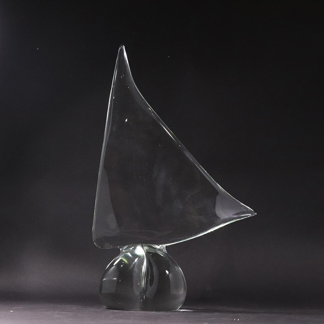 Signed Mid-Century Modern Glass Sail Boat Sculpture: Signed Mid-Century Modern Glass Sail Boat Sculpture. Signed on base. Note : tip of sail has a chip see picture. Signature is illegible to me. size: 16h x 10w