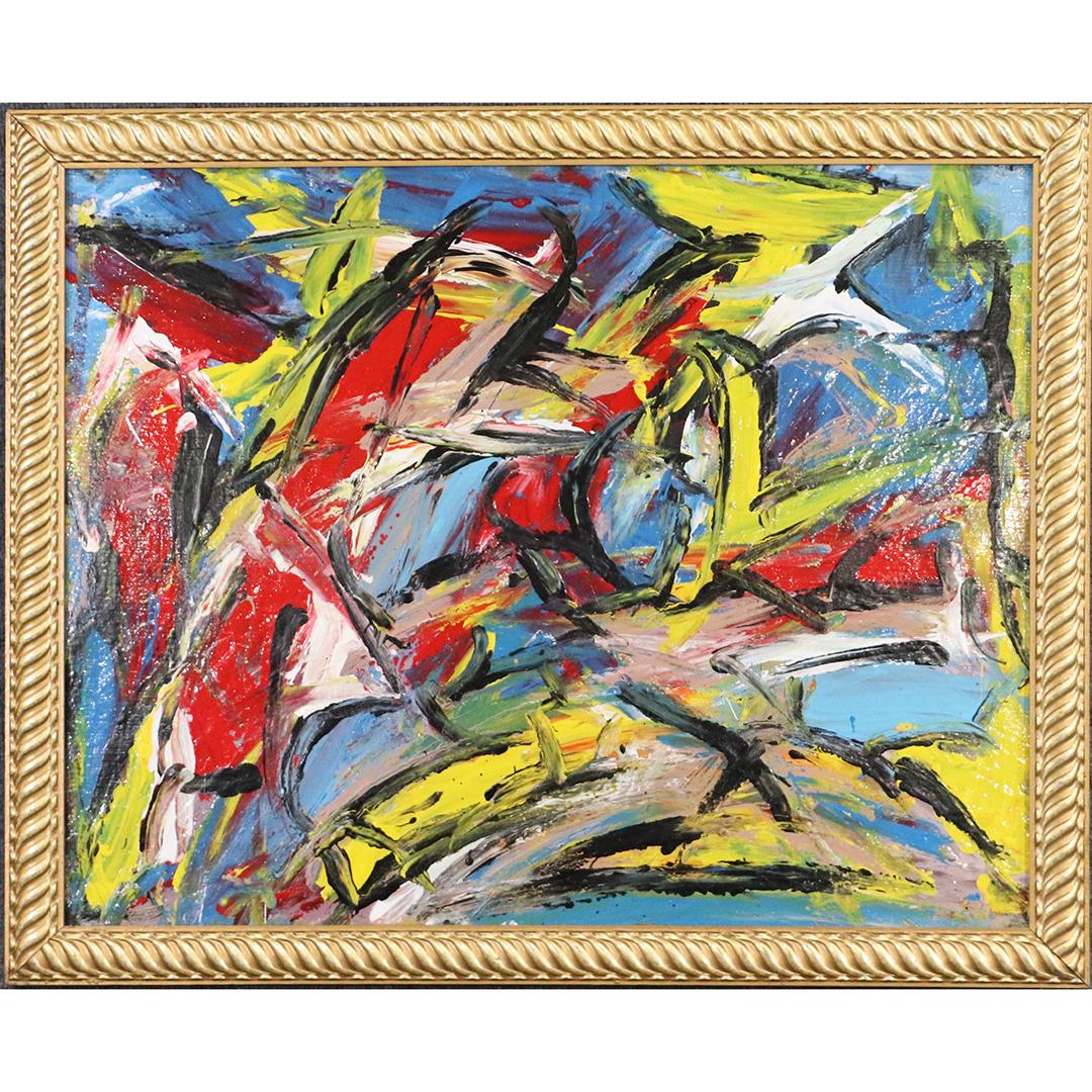 Pulgini after DeKooning, Oil/b Abstract Composition: Pulgini after DeKooning, Oil/b Abstract Composition in colors. Oil on board painting. Signed on verso. Framed. Popular Philadelphia area Artist. size: 22x28 image, 25x31 outside frame