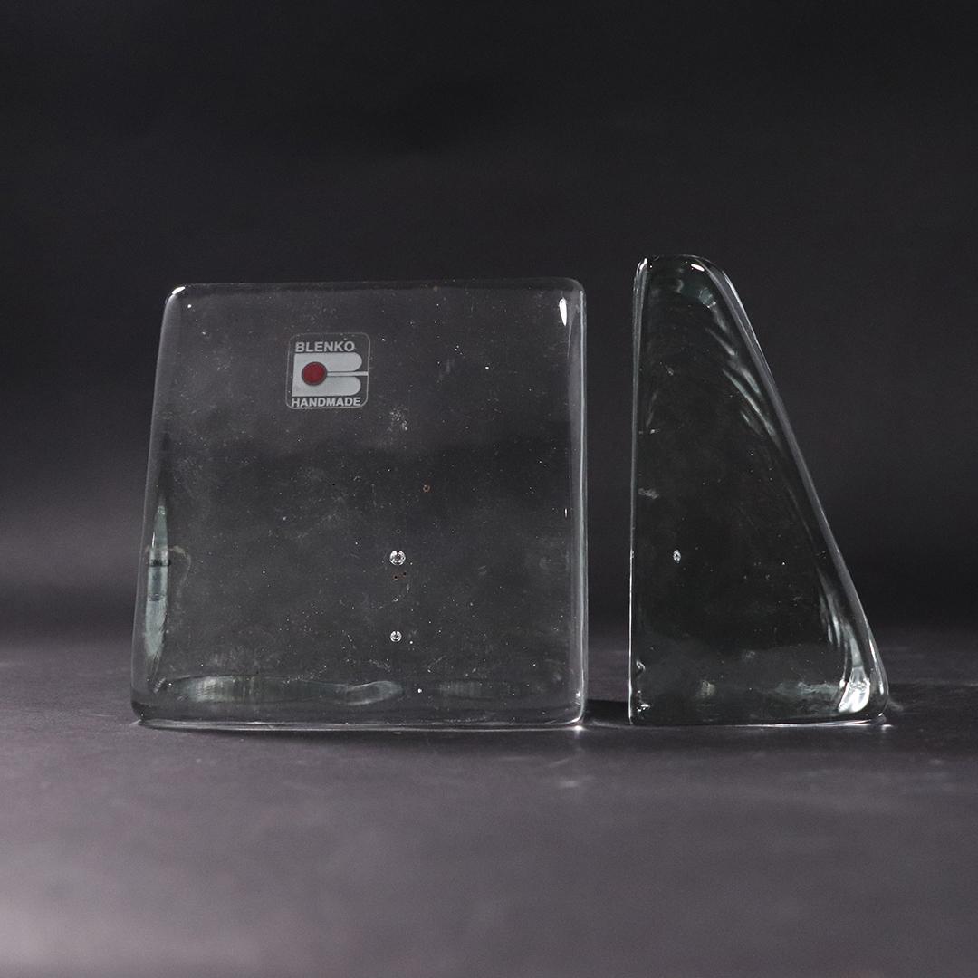 Blenko Crystal Glass Wedge Bookends with Label: Blenko Crystal Glass Wedge Bookends with Label. size: 4h x 4w