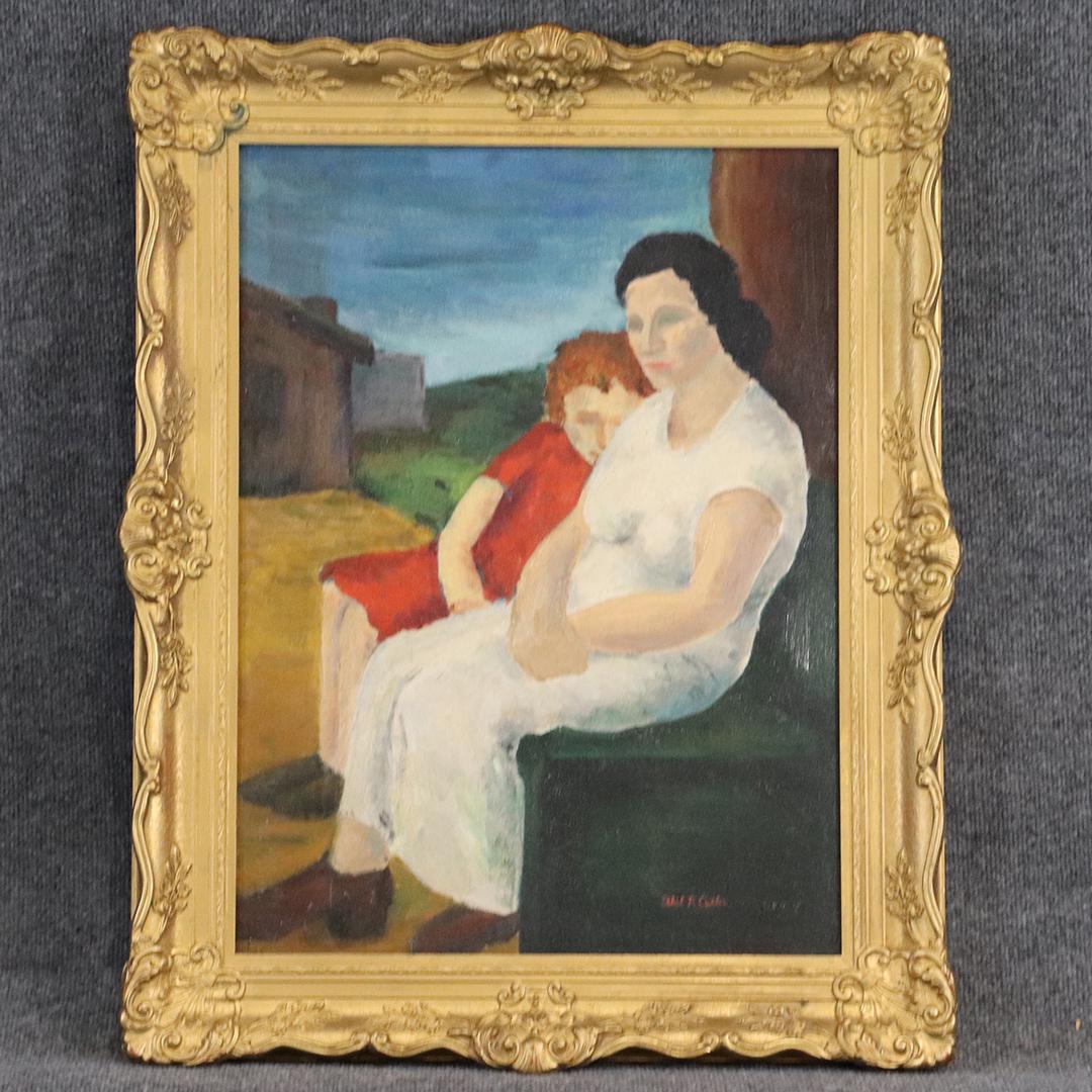 Ethel R Cutler, Oil/c, Mother Daughter Seated on Bench: Ethel R Cutler, Oil/c, Mother Daughter Seated on Bench. Signed. Oil on canvas painting. Framed. well listed American Artist. size: 24x18 image, 29.5x23.5 outside frame. ASKart: Ethel Cutler (Born 1915