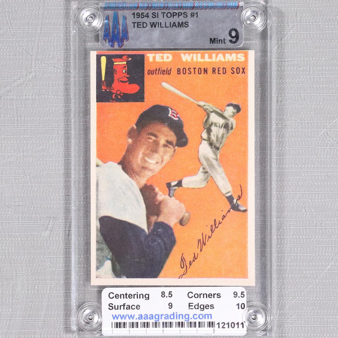 1954 Topps #1 Ted Williams Baseball Card Graded 9: 1954 Topps #1 Ted Williams Baseball Card , Graded 9. size: 3.75x2.5 card, 5.25x3.25 in case