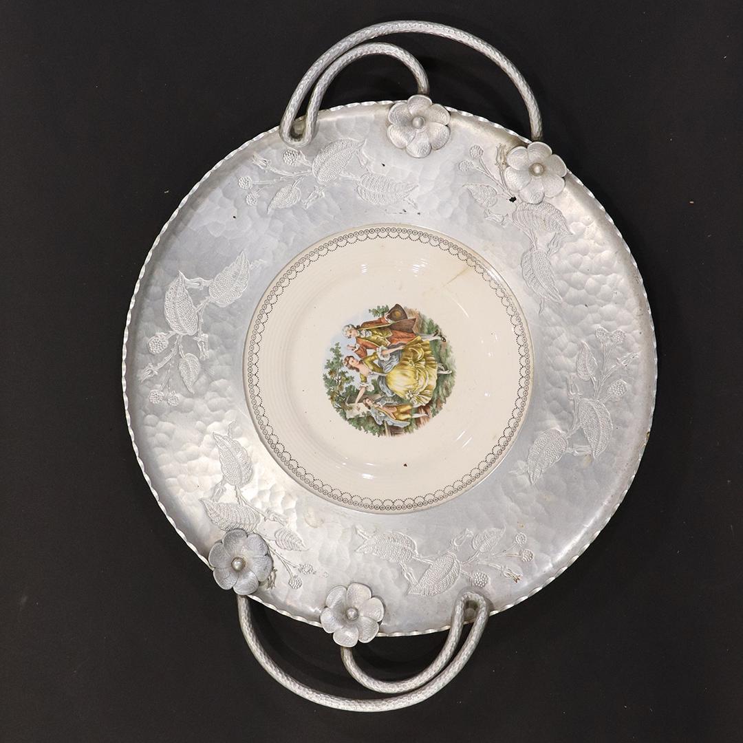 Limoges 22K Gold Trim Plate in Aluminum Serving Tray: Limoges 22K Gold Trim Plate in Aluminum Serving Tray. size: 21.5L x 16.75w