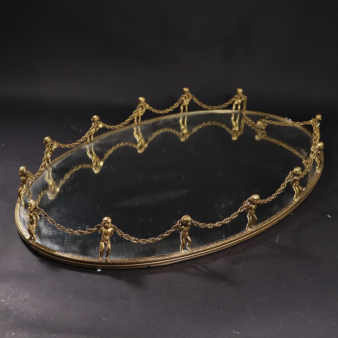 Mirror Dresser Tray Brass Putti Chain of Life Gallery: Mirror Dresser Tray Brass Putti Chain of Life Gallery edge. Original patina finish. size: 2.5h x 21L x 13w
