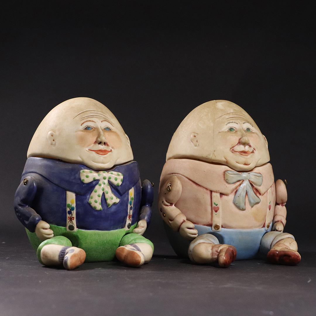 2 Humpty Dumpty Ceramic Figures Covered Jars: 2 Humpty Dumpty Ceramic Figures Covered Jars. size: 6.5h x 5.5w