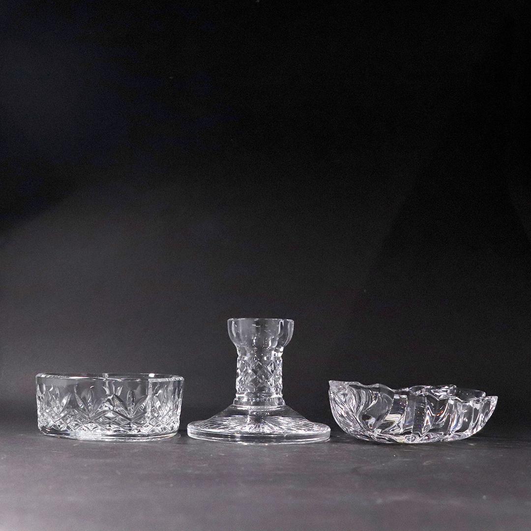 3 Assorted Glass 2 Waterford, 1 Lead Crystal: 3 Assorted Glass 2 Waterford, 1 Lead Crystal. Candleholders, bowl. size: 2-3.75h range, 4.5-6.5L range
