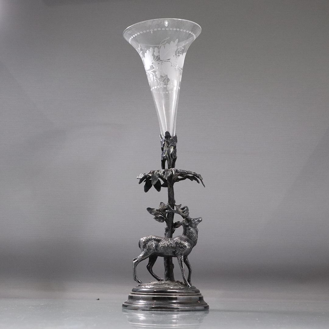 WWH&Co Silver Plate Stag Figure Base Crystal Glass Vase: WWH&Co Silver Plate Stag Figure Base Crystal Glass Vase. Antique Victorian. size: 14.75h x 4.5w