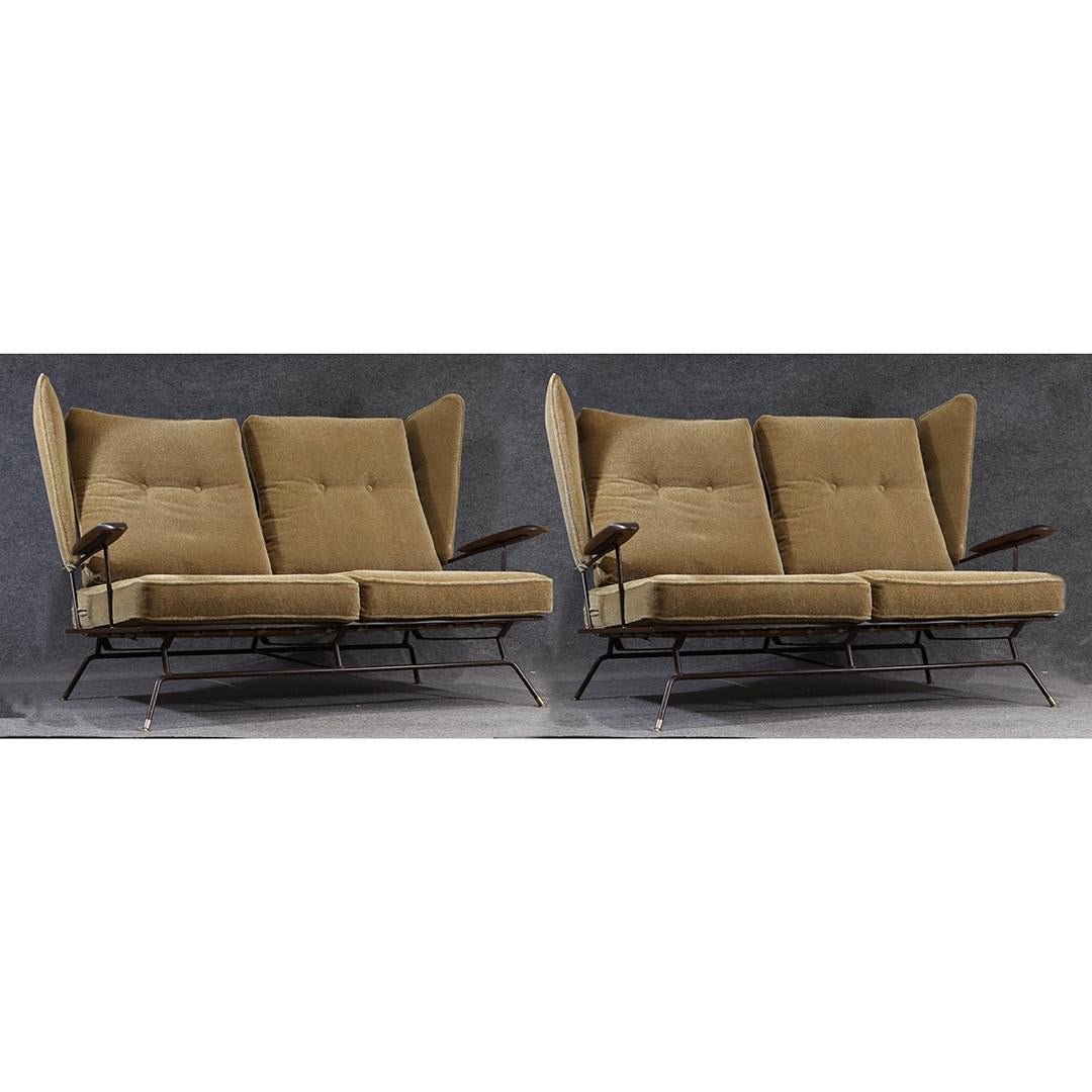 Matched Pair Mid-Century Modern Wing Back Love Seats: Matched Pair Mid-Century Modern Wing Back Love Seats, original mohair upholstery and cushions, metal wire frame. Very stylish. size: 38h x 57L x 34w