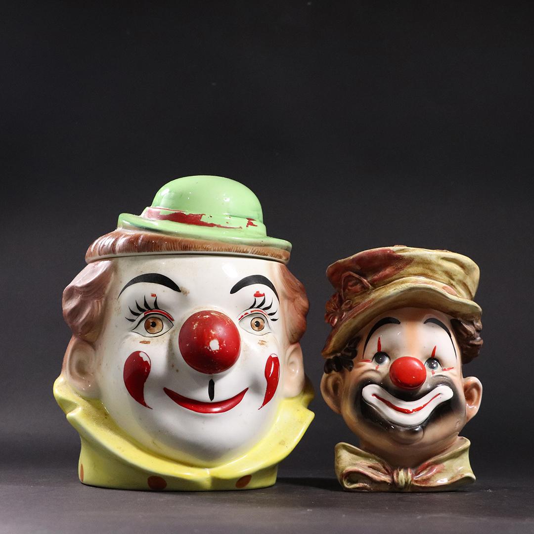 Vintage Ceramic Clown Face Cookie Jar & Clown Planter: Vintage Ceramic Clown Face Cookie Jar & Clown Planter. size: 6.5h x 4w, 8.5h x 7w