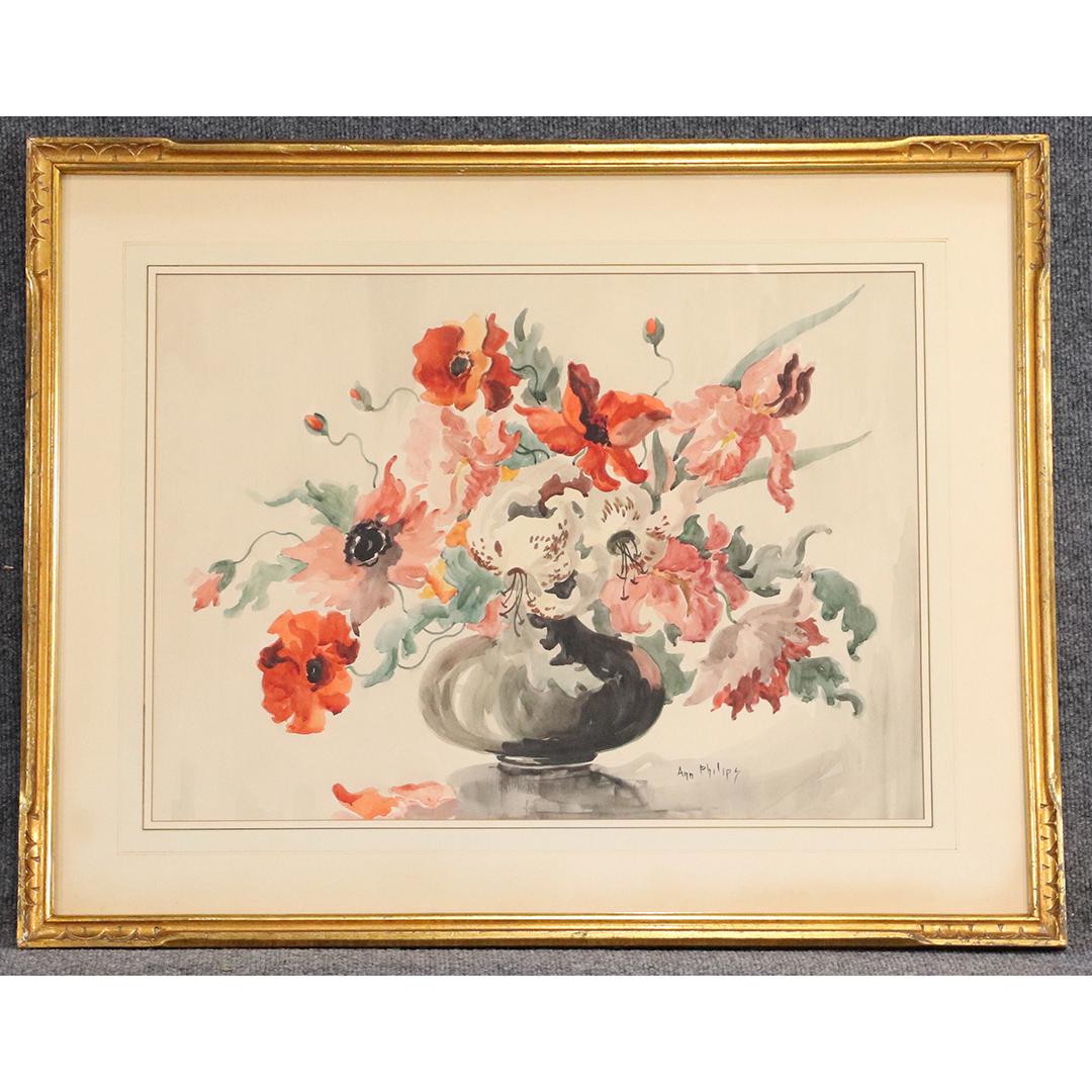 Ann Philips; 20thC. American Watercolor Signed: Watercolor on paper. Flowers in a Vase. Signed lower right; 16in. X 22in.(image), 23.5in. X 29.5in.(outside frame)