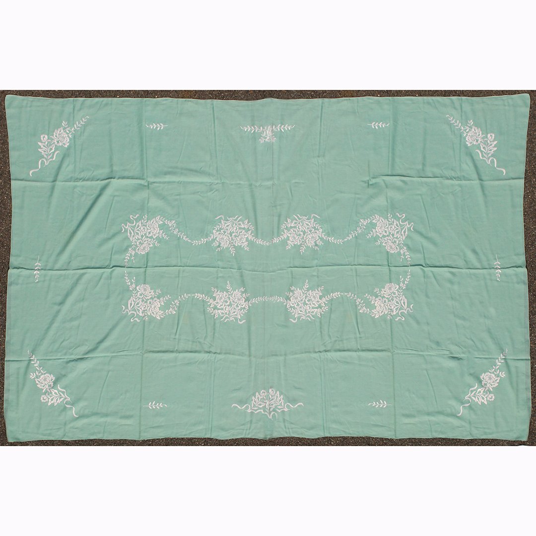 2 Vintage Embroidered Table Cloths and Napkin Sets: 2 teal embroidered table cloths and napkin sets. 64 x 106, 50 x 50 (3x), 16 x 16 (16x), 7 x 7 (4x)