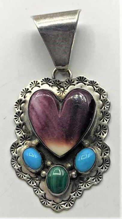 Sterling Large Pendant Malachite Turquoise Amethyst: Sterling Large Pendant Malachite Turquoise Amethyst. Size: 2.25 in. x 1.25 in.