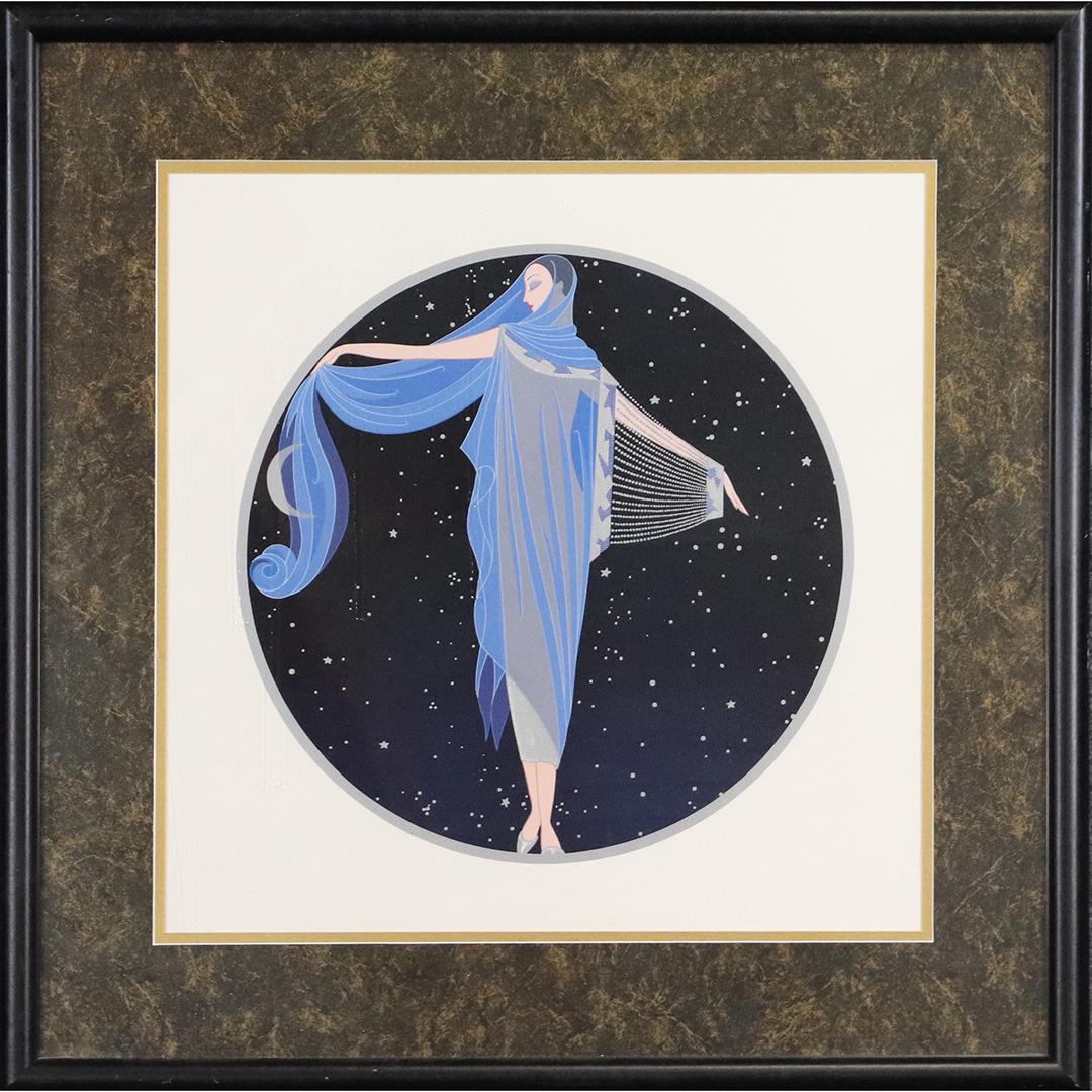 Erte, Framed Serigraph Woman in Blue Gown: Erte, Framed Serigraph Woman in Blue Gown. size: 17x17 image, 24.5x24.5 outside frame
